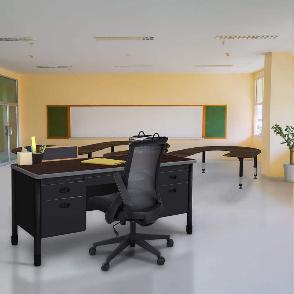Mesa 60 in. Neo Walnut Top Steel Double Pedestal Teacher's Office Desk with Center Drawer, Black Base