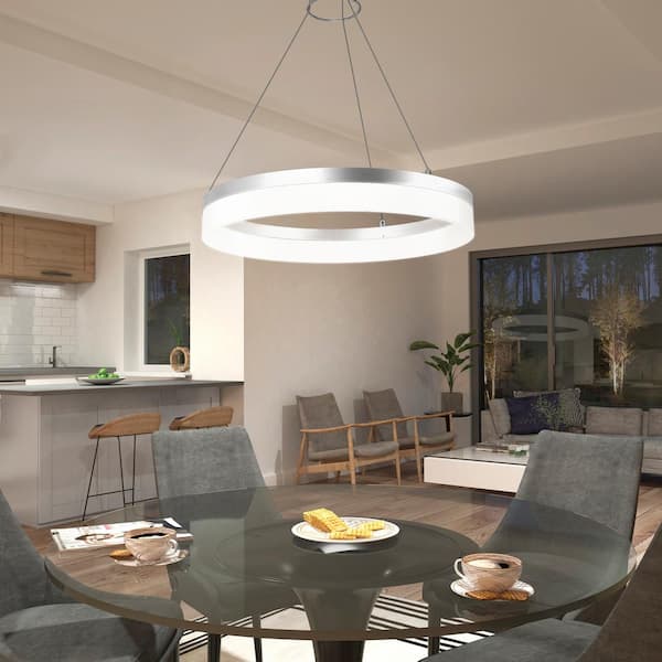Artika Optical Ring 30-Watt 1 Light Silver Modern 3 CCT Integrated LED Pendant Light Fixture for Dining Room or Kitchen