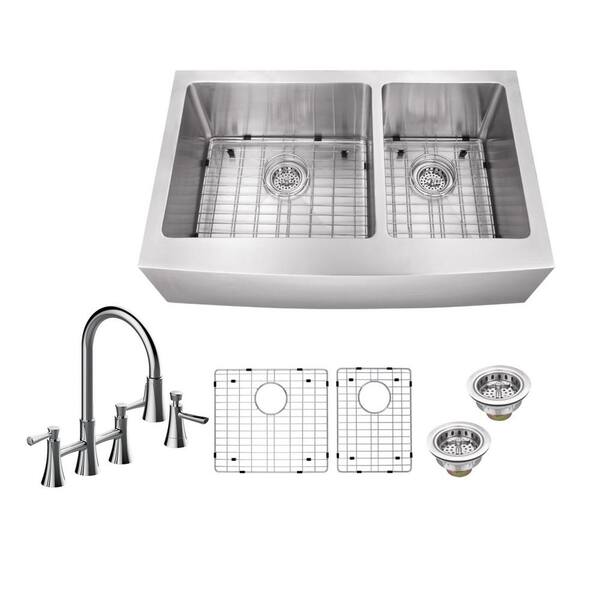 Schon All-in-One Farmhouse Apron Front 16-Gauge Stainless Steel 33 in. 60/40 Double Bowl Kitchen Sink with Bridge Faucet