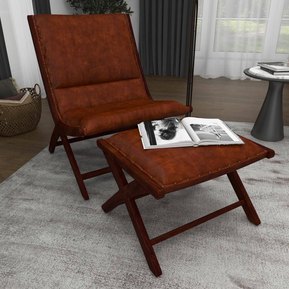 Set of 2 Brown Teak Wood Leather Accent Chairs with Ottoman