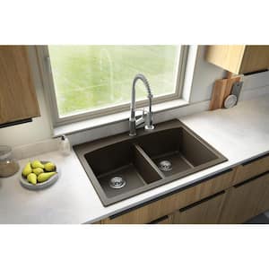 Drop-in Quartz Composite 33 in. Double Bowl Kitchen Sink in Brown
