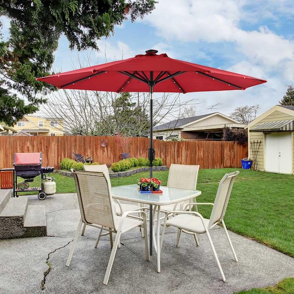 astonica 9 ft rectangular solar powered patio umbrella in scarlet Sunray 9 ft. Round Solar Lighted Market Umbrella- Scarlet