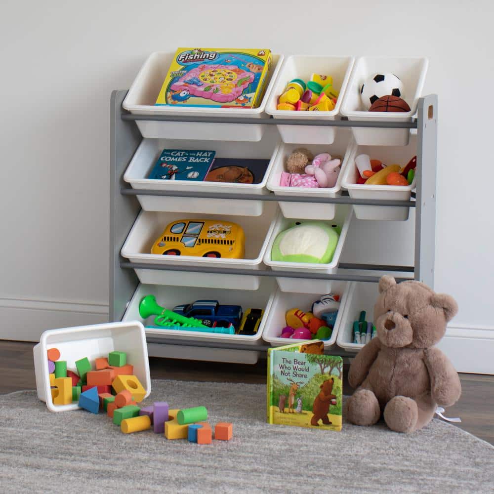 Gray and White 4-Tier Kids Toy Storage Organizer with 12 Bins