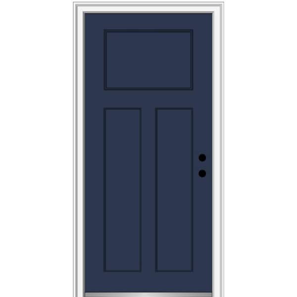 MMI DOOR 32 in. x 80 in. Left-Hand Inswing Shaker 3-Panel Painted Blue Fiberglass Smooth Prehung Front Door on 4-9/16 in. Frame