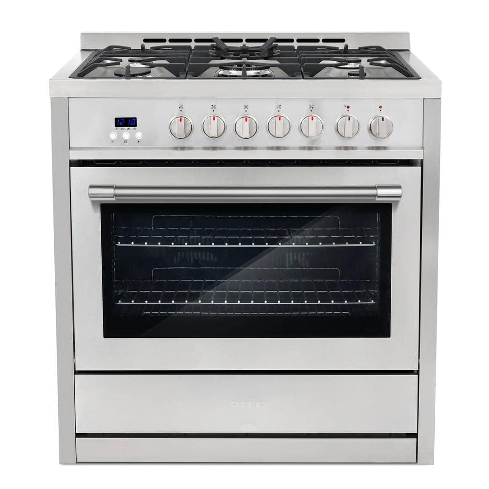 Cosmo Commercial Style 36 in. 3.8 cu. ft. 5-Burners Dual Fuel Range, Convection Oven, Smooth Grip Handle in Stainless Steel