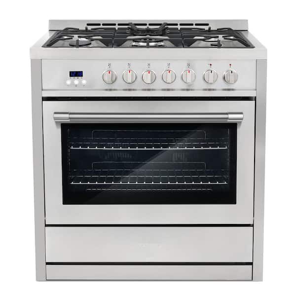 Cosmo 36 in. Stellar Collection 3.8 cu. ft. Dual Fuel Range, 5 Burners, Convection Oven, Smooth Grip Handle, Stainless Steel