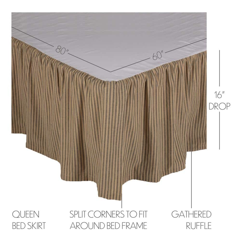 Charcoal Black and Tan Cotton Queen Bed Skirt with Split Corners