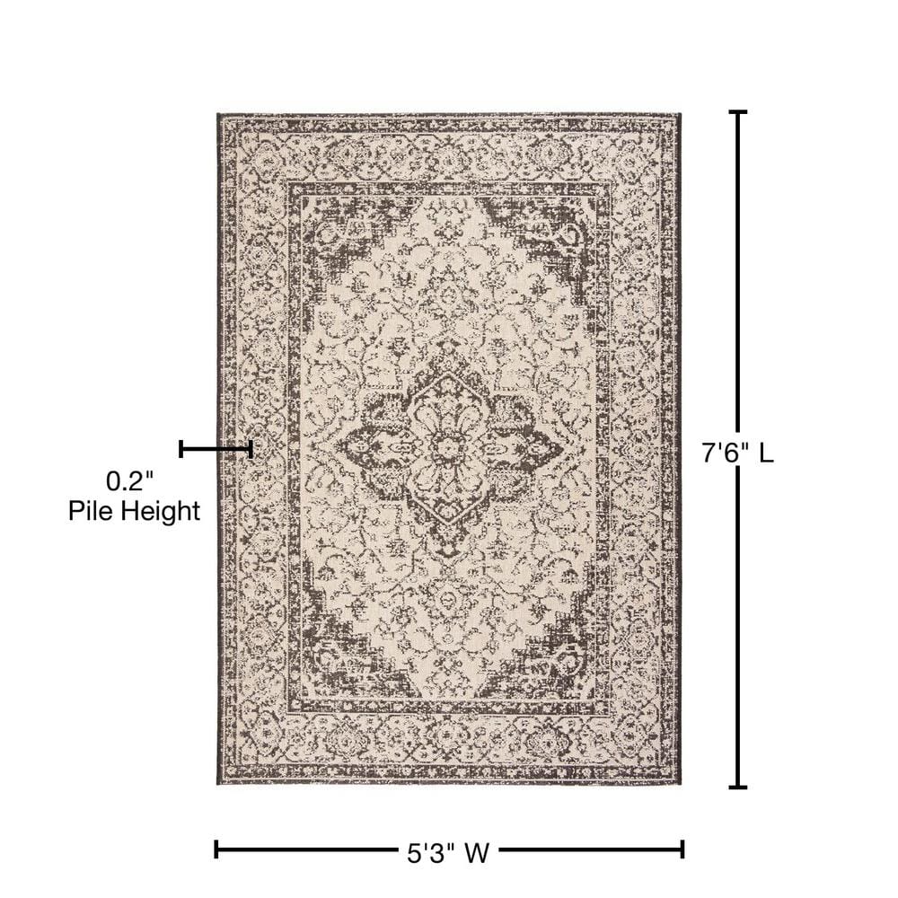 Cream and Brown Oriental Rectangular Outdoor Rug, 5'3" x 7'6"