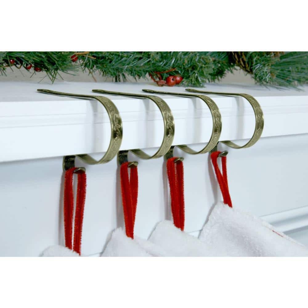Antique Brass Holly Embossed MantleClip Stocking Holders, Set of 4