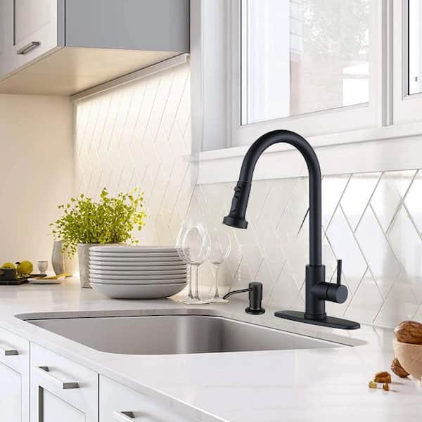 Single Handle Pull-Down Sprayer Kitchen Faucet Set Stainless Steel with Soap Dispenser in Matte Black
