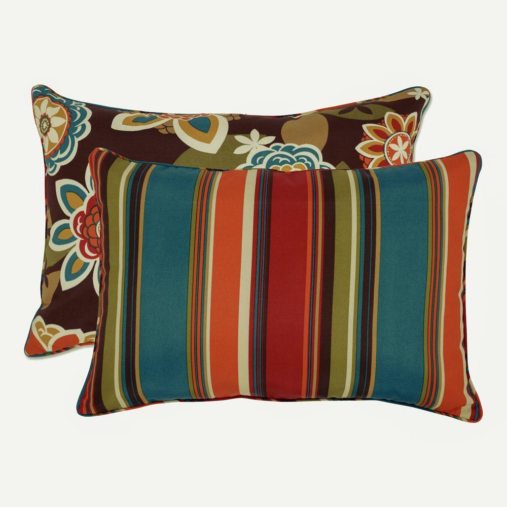 Reversible Floral and Stripe Brown/Orange Lumbar Throw Pillows, Set of 2