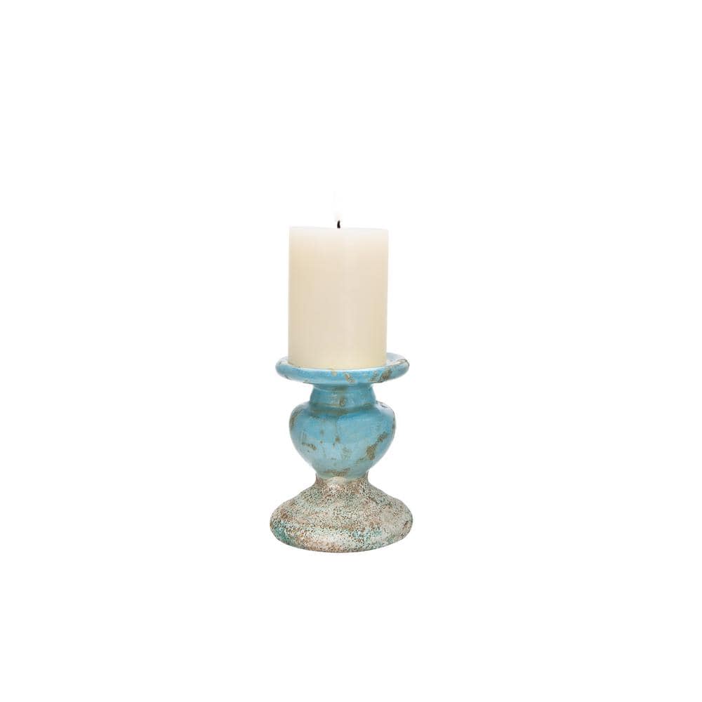 Small Distressed Blue Ceramic Pillar Candle Holder