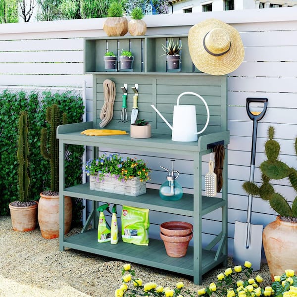 Unbranded 65 in. Wooden Outdoor Patio Potting Bench Table, Garden Potting Bench with 4 Storage Shelves and Side Hooks, Green