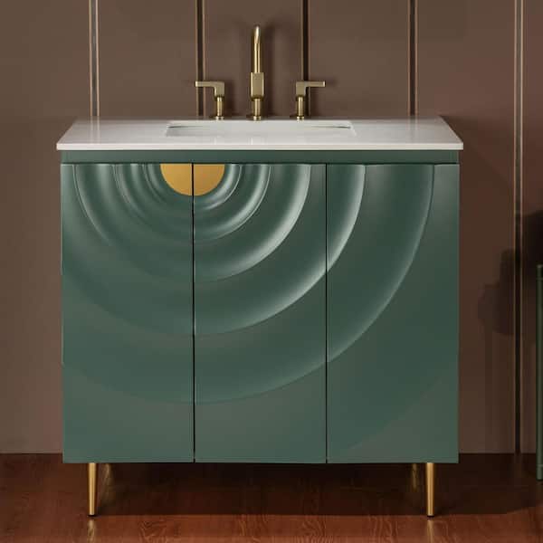 35.88 in. W x 22 in. D Single Sink Freestanding Bath Vanity in Green with White Engineered stone Vanity Top