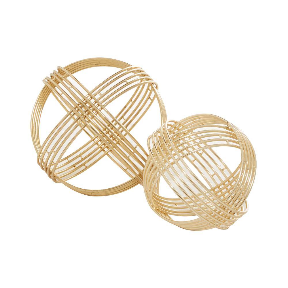 Elegant Gold Geometric Metal Orb Sculptures, Set of 2