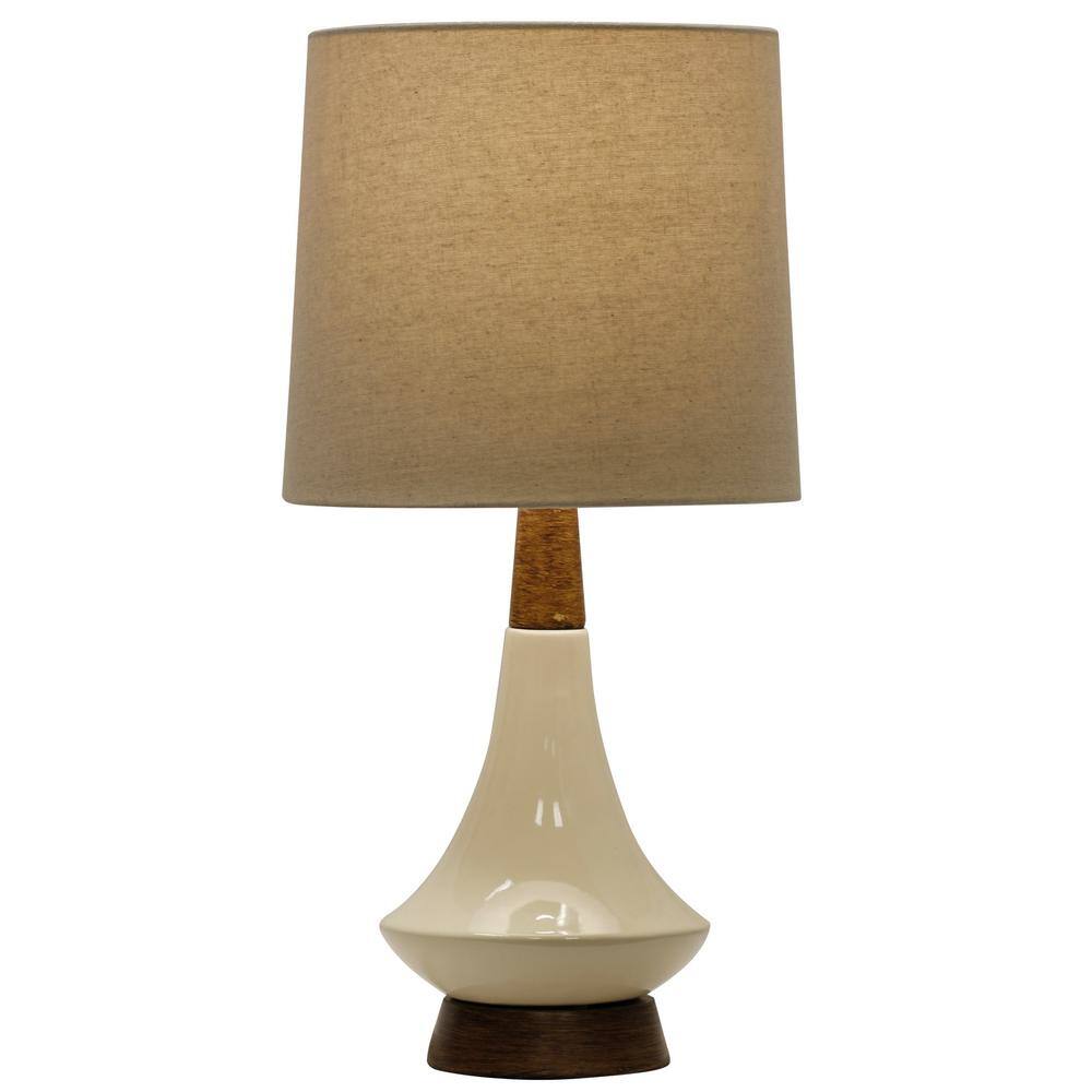 Cream Ceramic Table Lamp with Faux Wood Base and Oatmeal Shade