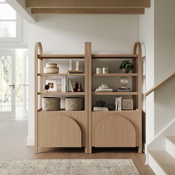 Nathan James Iris 71 in. Tall Raw Oak Solid Wood 3-Shelf Open Bookcase with Cabinet Base and Adjustable Interior Shelf, (Set of 2)