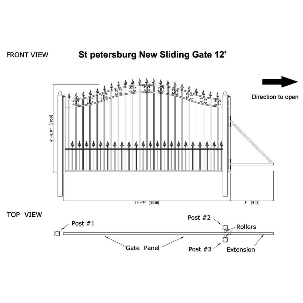 Black Steel Arched Sliding Driveway Gate with Pointed Pickets