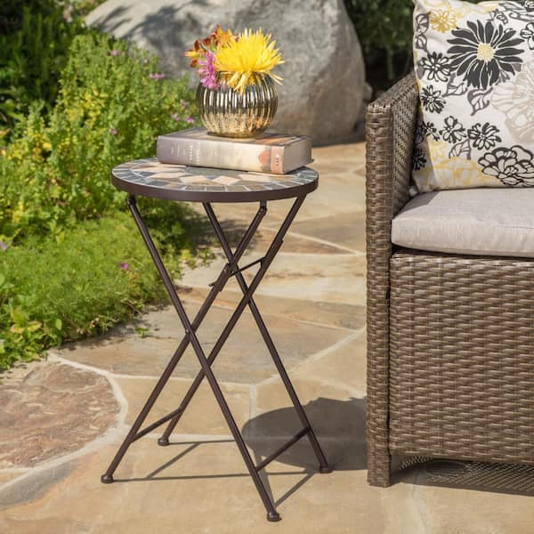 AUTMOON Outdoor Stone Side Table with Iron Frame, Beige/Black