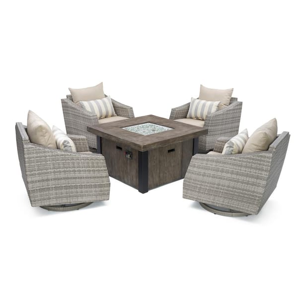 RST Brands Cannes 5-Piece All-Weather Wicker Fire Pit Patio Conversation Set with Slate Grey Cushions