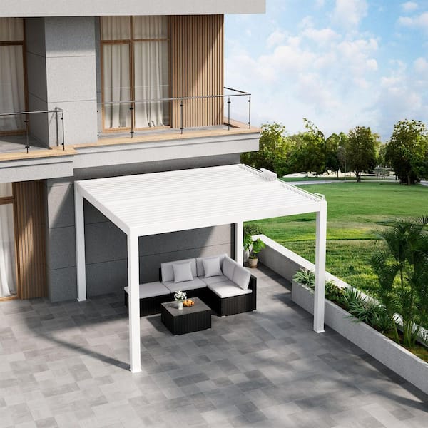 13 ft. x 12 ft. Ivory Aluminum Patio Pergola with Built-In Solar Panel, Ceiling Fan and Round LED Light