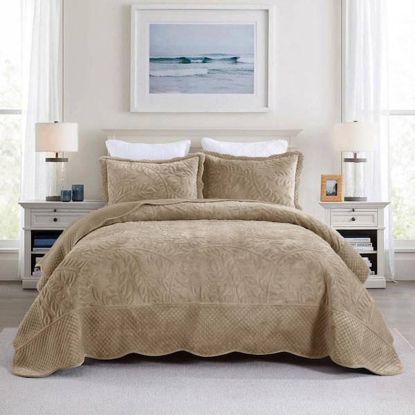 MarCielo BYV307 Camel Leaf and Vines Queen Size Polyester Velvet Quilt Bedspread Set
