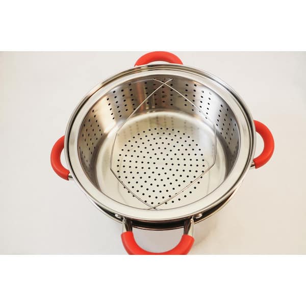 8 Qt. Stainless Steel Multi-Cooker Pasta Pot with Lid and Red Silicone Handles 8 Qt. Stainless Steel Multi-Cooker Pasta Pot with Lid and Red Silicone Handles