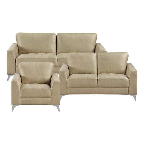 Lazzara Bristow 77 in. W. Straight Arm Microfiber Rectangle 3-Piece Sofa Set in. Sand