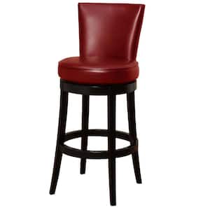 30 in. Red Faux Leather Round Seat Black Wood Swivel Armless Bar Stool
