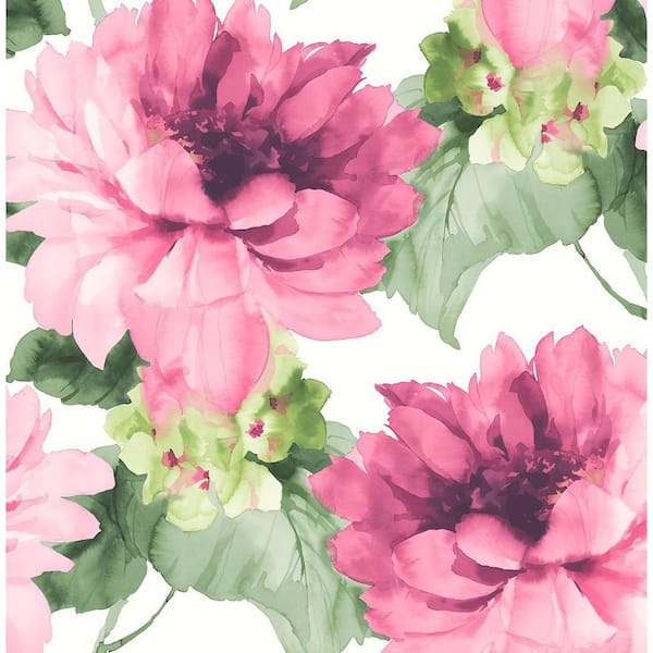 NextWall 30.75 sq. ft. Cerise Pink and Evergreen Watercolor Floral Vinyl Peel and Stick Wallpaper Roll