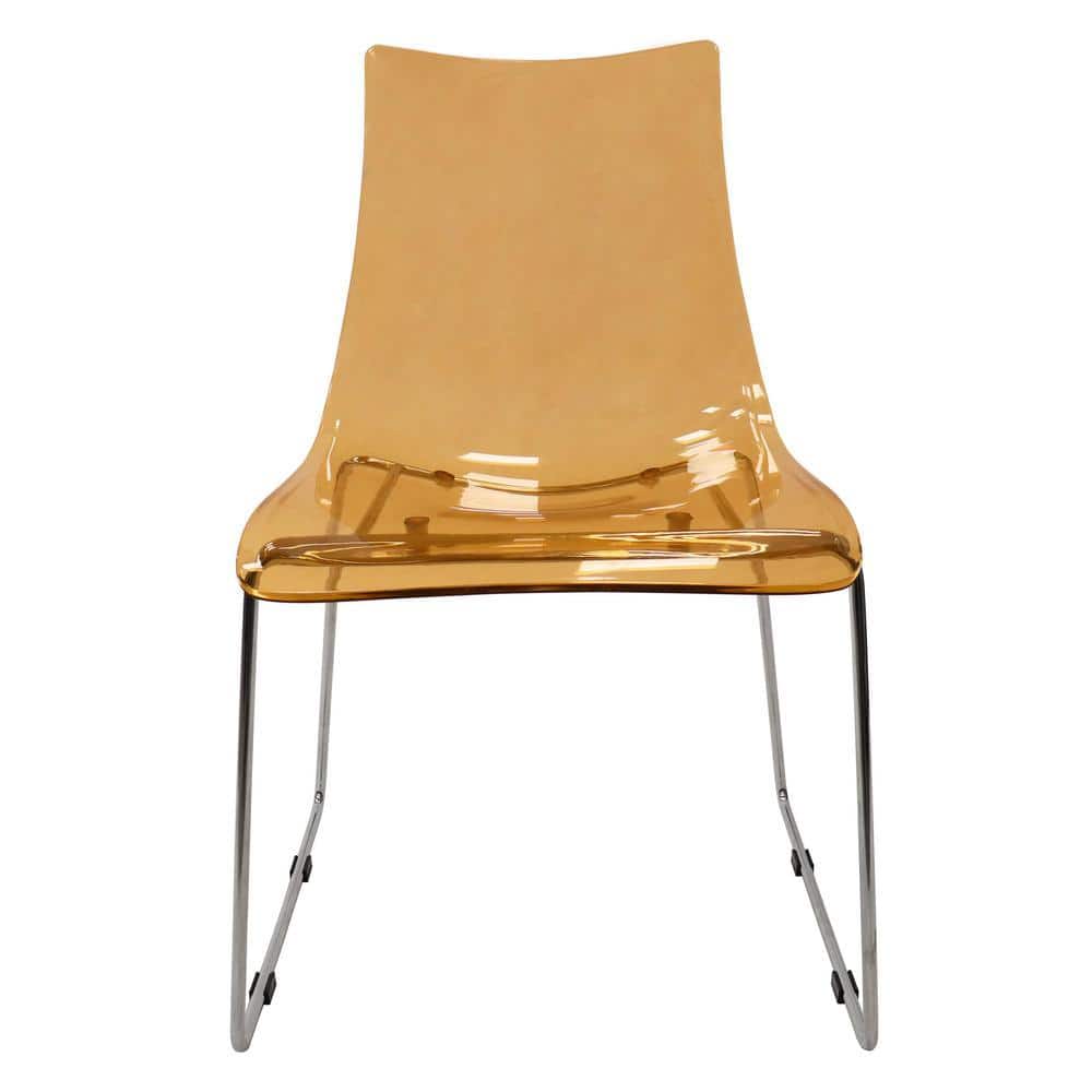 Front view of an amber transparent acrylic dining chair with chrome metal legs.