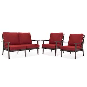 Walbrooke Brown 3-Piece Aluminum Patio Set with Removable Red Cushions Loveseat and Armchairs (Set of 2)