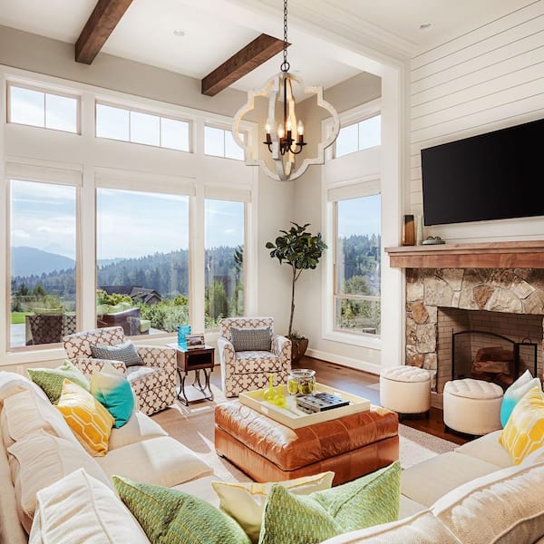 Modern Farmhouse Kitchen Chandelier 4-Light Distressed White Weathered Wood Adjustable Coastal Cage Pendant