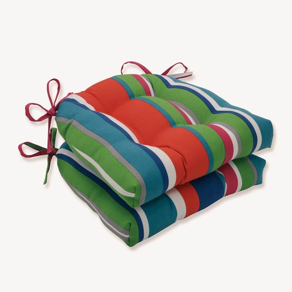 Pillow Perfect Striped 17.5 x 17 Outdoor Dining Chair Cushion in Blue/Green/Orange (Set of 2)