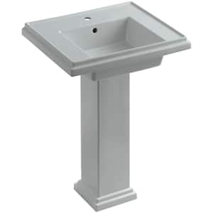 Tresham Ceramic Pedestal Combo Bathroom Sink with Single-Hole Faucet Drilling in Ice Grey with Overflow Drain