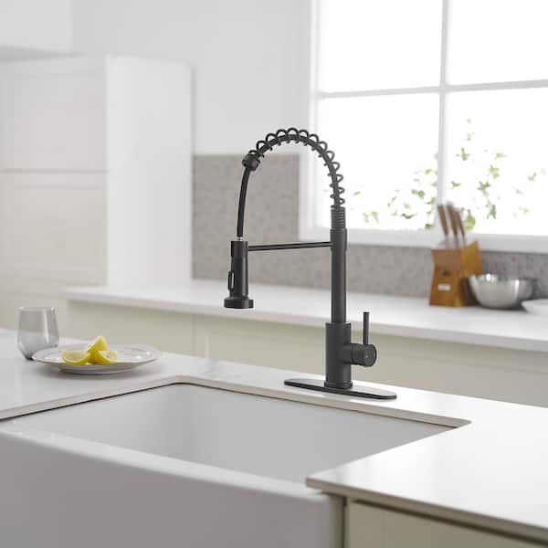 Single Handle Pull-Down Sprayer 3 Spray High Arc Pull Down Sprayer Kitchen Faucet With Deck Plate in Matte Black