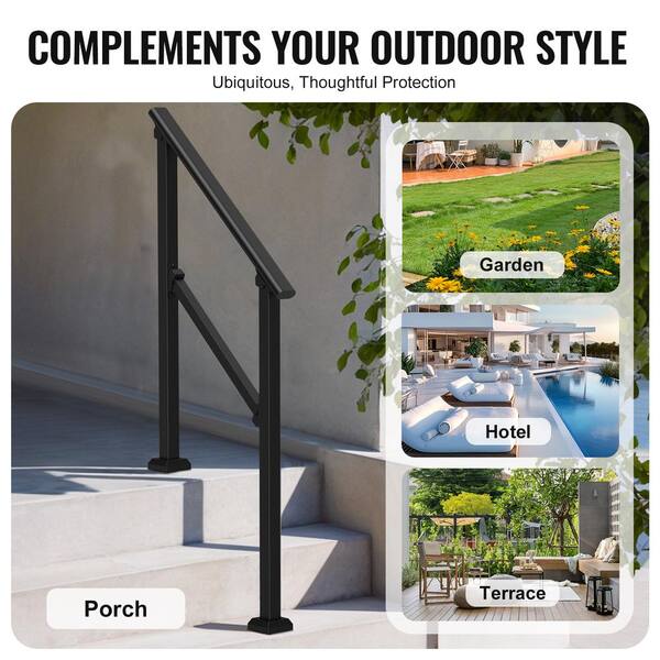 VEVOR Handrails for Outdoor Steps 2-Piece 2-3 Step Stair Handrail Kit Transitional Carbon Steel Railings Black Square Tube
