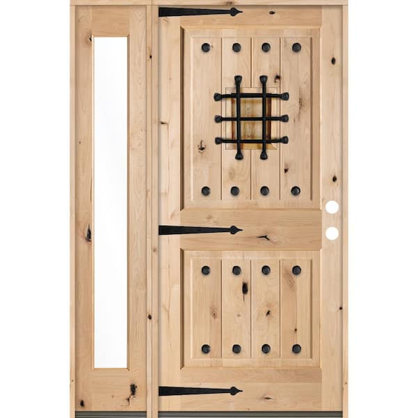 Krosswood Doors 50 in. x 80 in. Mediterranean Alder Sq-Top Clear Low-E Unfinished Wood Left-Hand Prehung Front Door/Left Full Sidelite