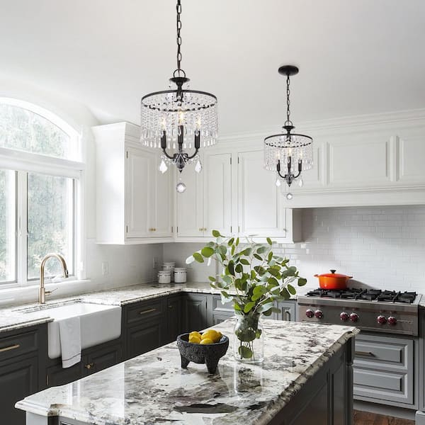 Modern 12.5 in. 3-Light Matte Black Glam Crystal Drum shade Chandelier for Dinning Room, Kitchen Island, Foyer