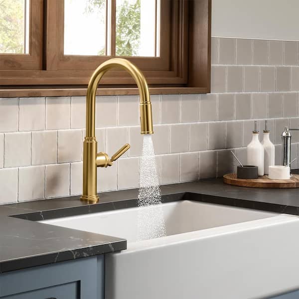 KOHLER Revolv Single Handle Pull Down Sprayer Kitchen Faucet in Vibrant Brushed Moderne Brass