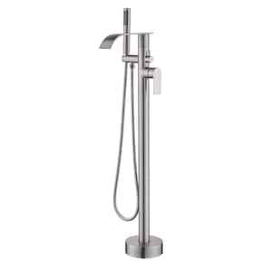 Single-Handle Waterfall Freestanding Tub Faucet with Hand Shower 1-Hole Floor Mounted Bathtub Faucets in Brushed Nickel