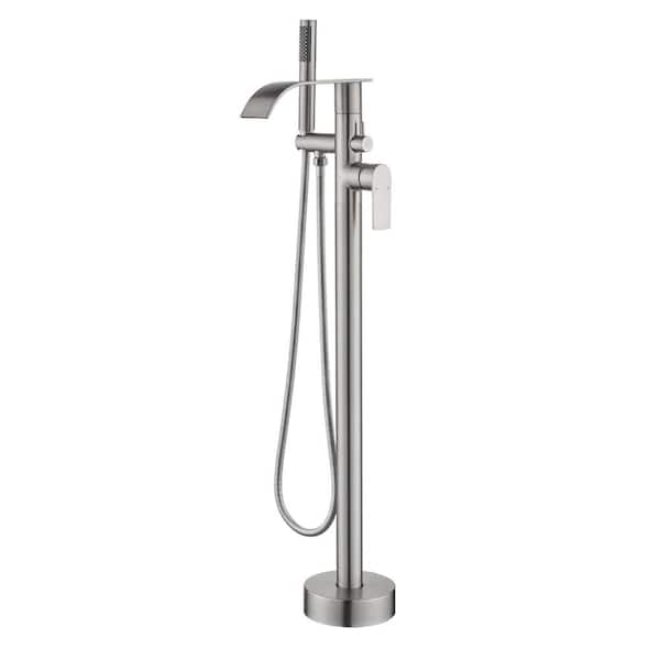 AIMADI Single-Handle Waterfall Freestanding Tub Faucet with Hand Shower 1-Hole Floor Mounted Bathtub Faucets in Brushed Nickel