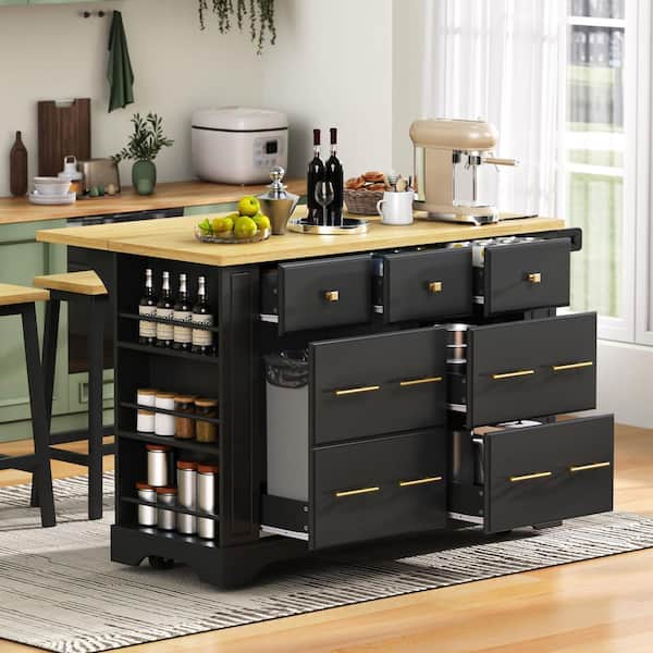 Farmhouse Black Wood 51.2 in. Drop Leaf Power Outlet Pull Out Trash Can Storage Kitchen Island with 5 Open Side Racks