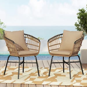 Modern Iron and PE rattan Frame Outdoor Patio Dining Chairs with Cushions, Set of 2, Beige