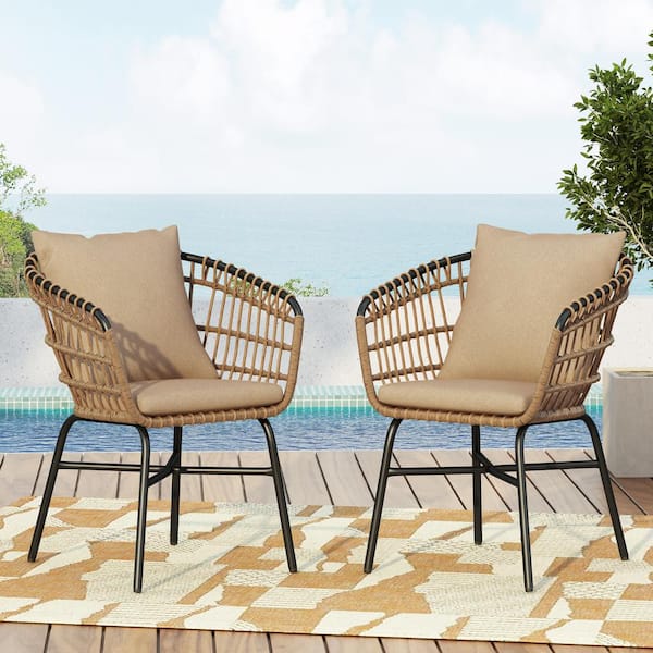 Noble House Modern Iron and PE rattan Frame Outdoor Patio Dining Chairs with Cushions, Set of 2, Beige