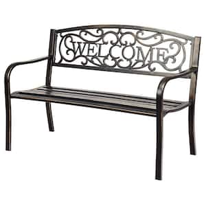 Black Metal Outdoor Patio Bench with Cast Iron "Welcome" Backrest