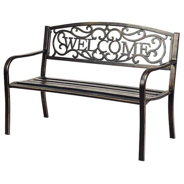 Alpulon Black Metal Outdoor Patio Bench with Cast Iron "Welcome" Backrest