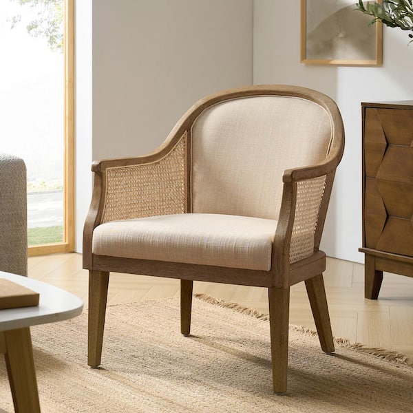 JAYDEN CREATION Cyril Farmhouse Rattan Solid Wood Armchair with Imitation Linen Fabric-Linen