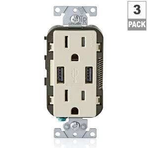 15 Amp Decora Combination Tamper Resistant Duplex Outlet and USB Charger, Light Almond (3-Pack)