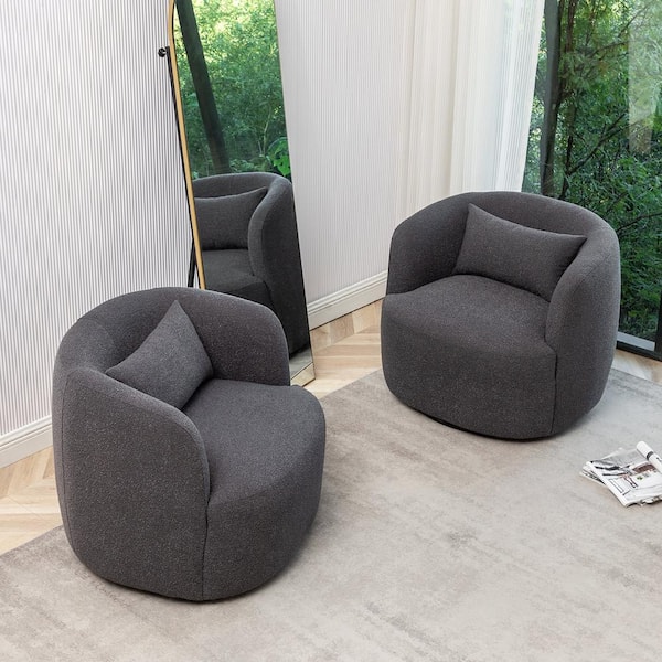 KINWELL Dark Gray Boucle Polyester Upholstered Swivel Barrel Chair (Set of 2)